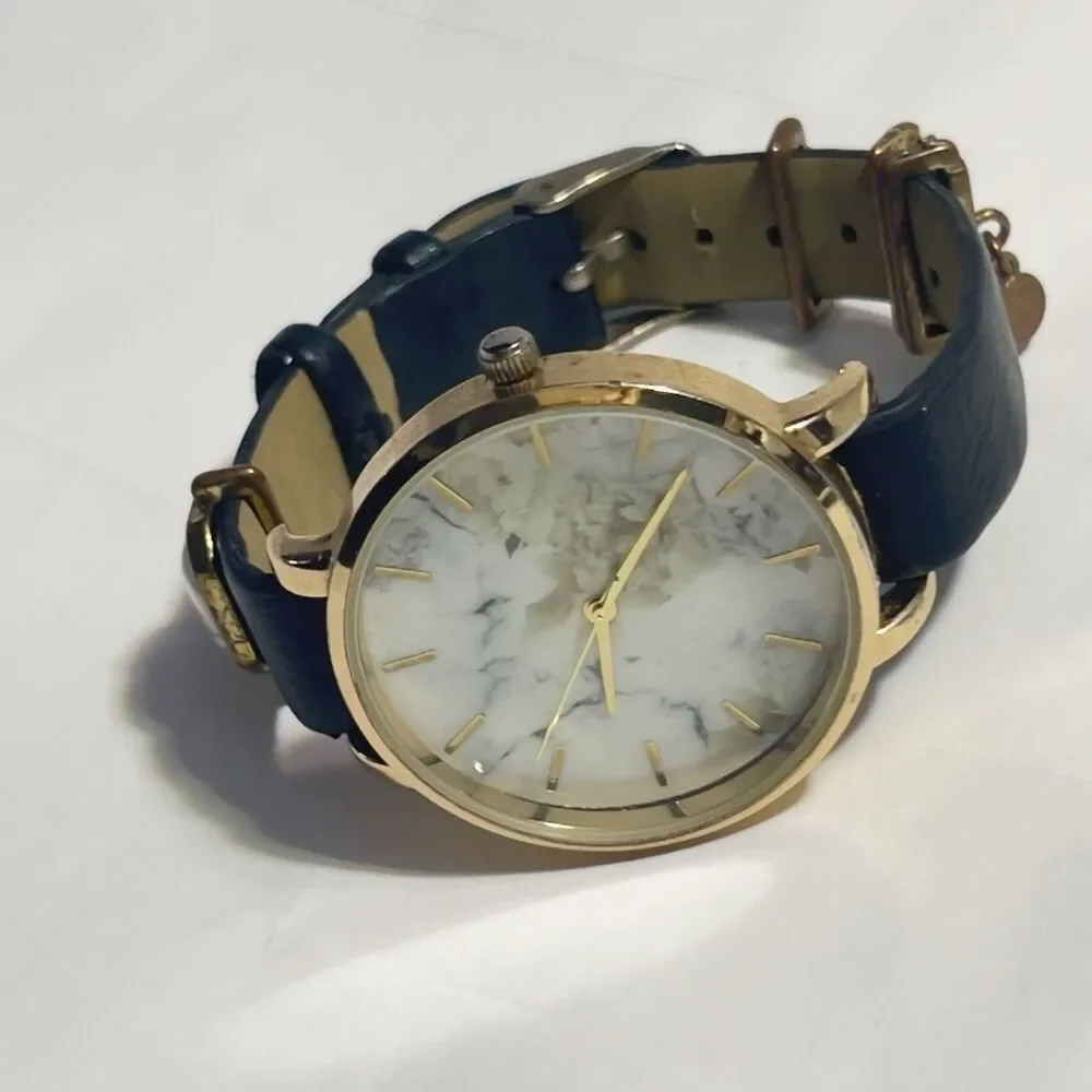 Womens Watch -Black Band w/ Charms - Marbled White Dial- Gold Tone- New Battery